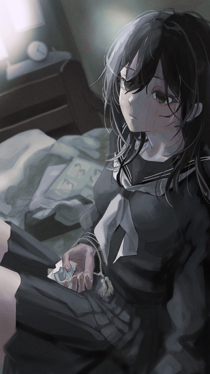 1girl, absurdres, aged_down, beads, black_hair, black_serafuku, clock, commentary_request