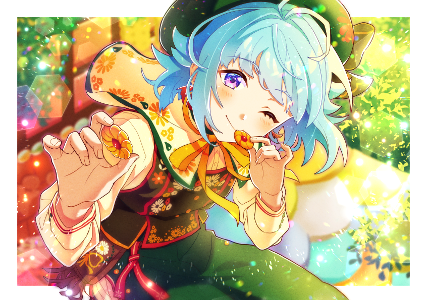 1boy, androgynous, bishounen, blurry, bokeh, border, close-up, cookie