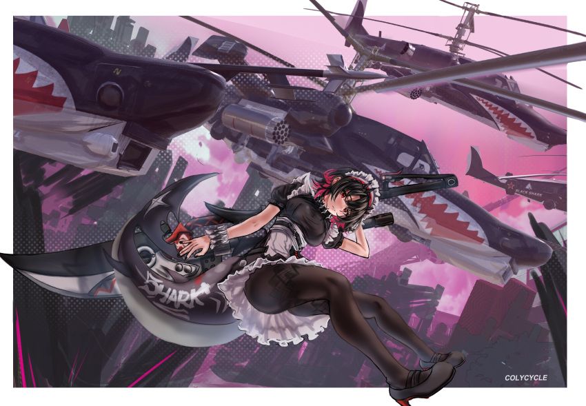 1girl, absurdres, aircraft, black_dress, black_hair, black_pantyhose, colycycle, dress, dutch_angle, ellen_joe, full_body, helicopter, highres, kamov_ka-50, maid, maid_headdress, missile_pod, name_connection, pantyhose, shark_girl, shark_print, soviet_army, war_thunder, zenless_zone_zero