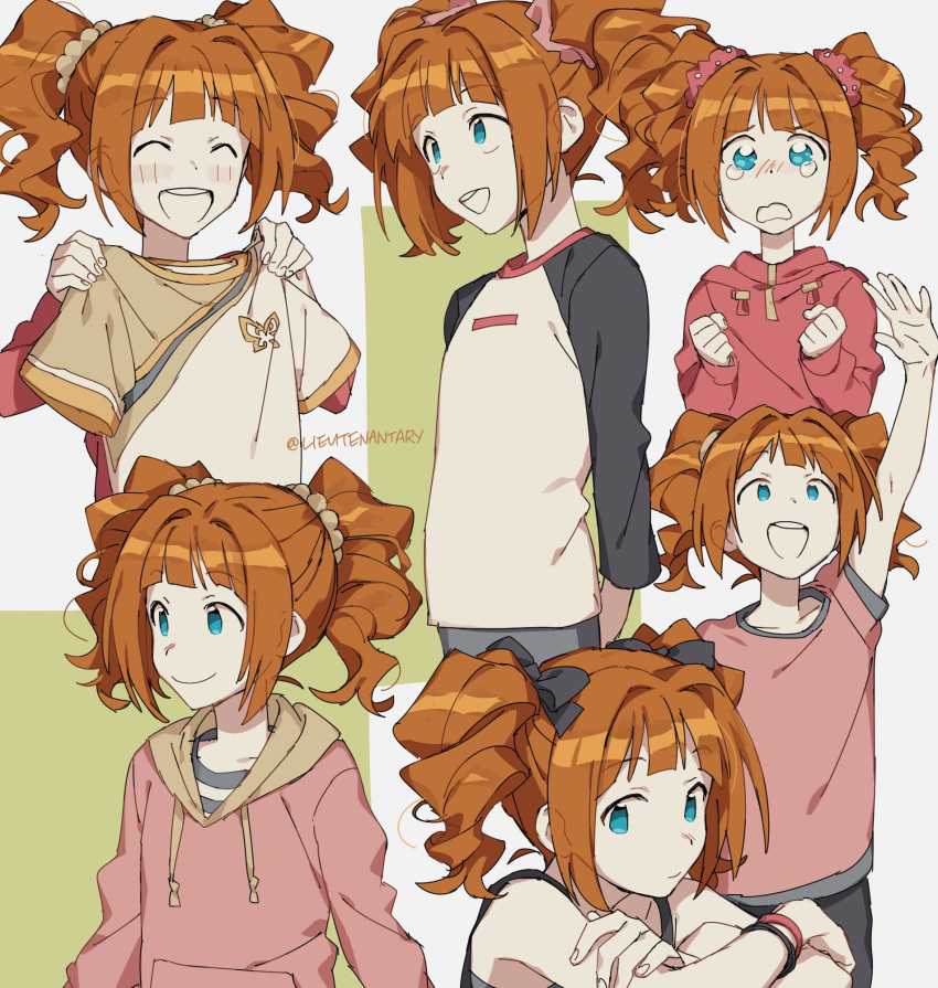 1girl, :d, ^_^, aqua_eyes, arm_up, arms_behind_back, bad_id, bad_twitter_id, blunt_bangs, blush, bow, brown_hair, closed_eyes, hair_bow, hair_ornament, hair_scrunchie, highres, holding, holding_unworn_clothes, hood, hoodie, hugging_own_legs, idolmaster, idolmaster_(classic), lieutenantary, long_sleeves, medium_hair, multiple_views, scrunchie, shirt, short_sleeves, smile, takatsuki_yayoi, tearing_up, teeth, twintails, twitter_username, upper_teeth_only, wavy_mouth