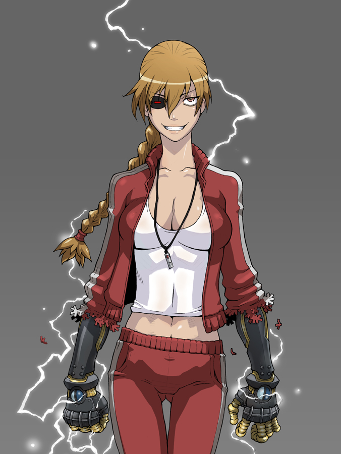 braid, breasts, cleavage, copyright_request, electricity, jewelry, midriff, momo_tai