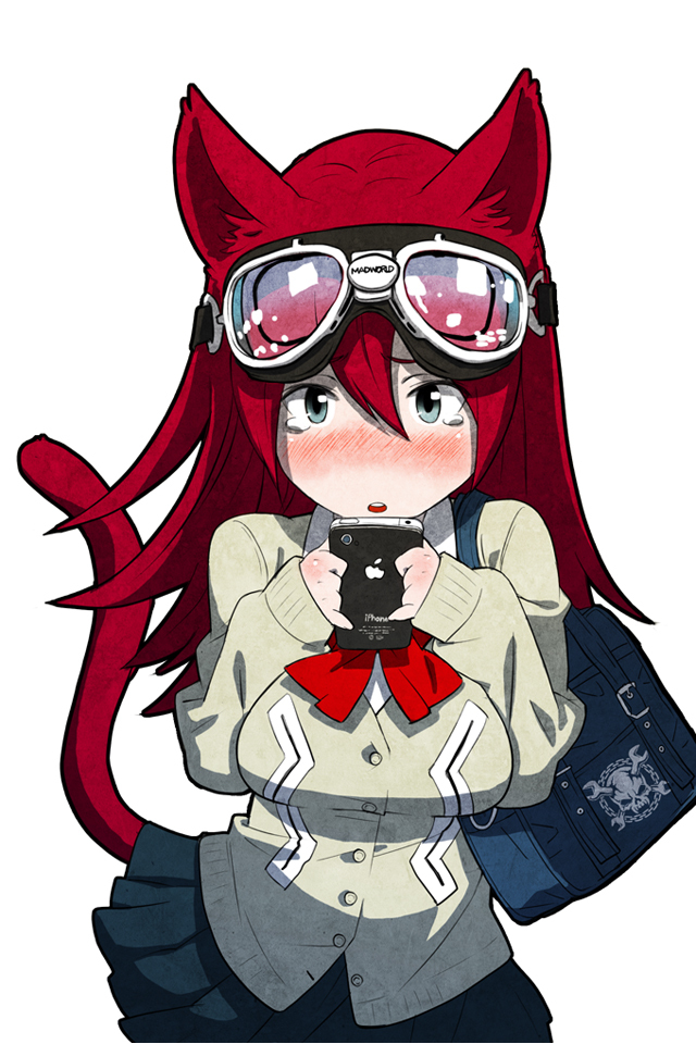 blush, cat_ears, copyright_request, goggles, goggles_on_head, iphone, phone, product_placement, red_hair, redhead, tail, yellow_eyes, yosshii