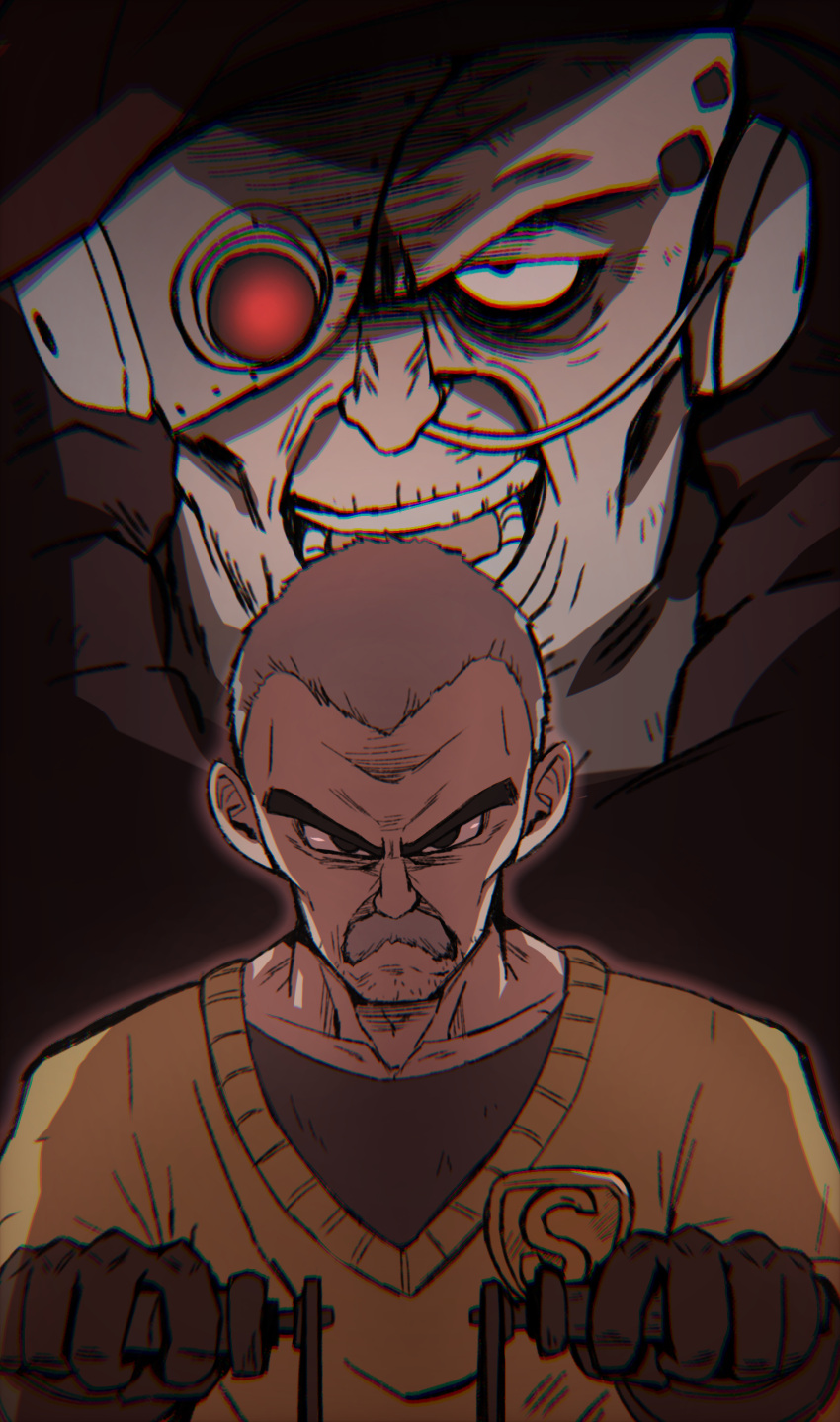 2boys, absurdres, beard_stubble, black_eyes, breathing_tube, brown_gloves, brown_shirt, chiro_illust