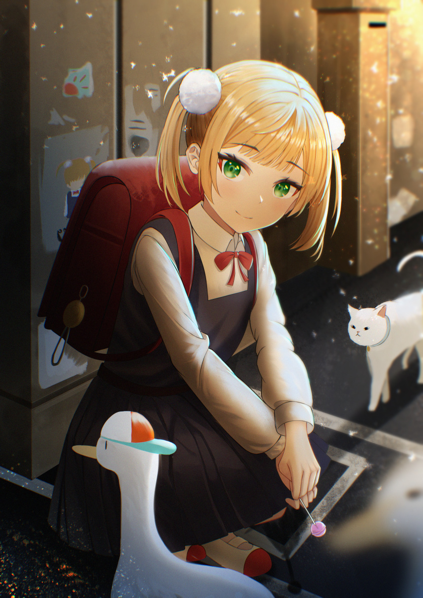1girl, absurdres, backpack, bag, bird, blonde_hair, bow, bowtie, cat, closed_mouth, dress, goose, hae_2429, hair_ornament, highres, indie_virtual_youtuber, long_sleeves, pom_pom_(clothes), pom_pom_hair_ornament, red_bow, red_bowtie, red_ribbon, ribbon, shigure_ui_(vtuber), shigure_ui_(vtuber)_(young), shirt, shukusei!!_loli-kami_requiem, smile, twintails, virtual_youtuber, white_shirt