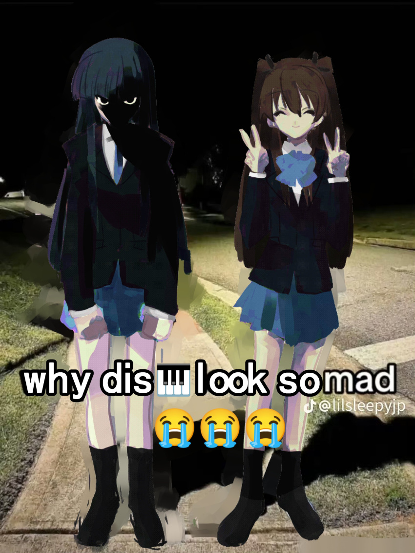 2girls, absurdres, black_footwear, black_hair, black_jacket, black_socks, blazer, blue_bow, blue_necktie, blue_skirt, blunt_bangs, bow, bowtie, brown_hair, closed_eyes, collared_shirt, crying_emoji, double_v, emoji, face_in_shadow, full_body, highres, houjou_high_school_uniform, jacket, long_hair, looking_at_viewer, meme, multiple_girls, necktie, night, ogiso_setsuna, outdoors, pleated_skirt, school_uniform, shaded_face, shirt, skirt, smile, socks, standing, tako3000, touma_kazusa, two_side_up, v, white_album_(series), white_album_2, white_shirt, why_dis_ninja_look_so_mad_(meme)
