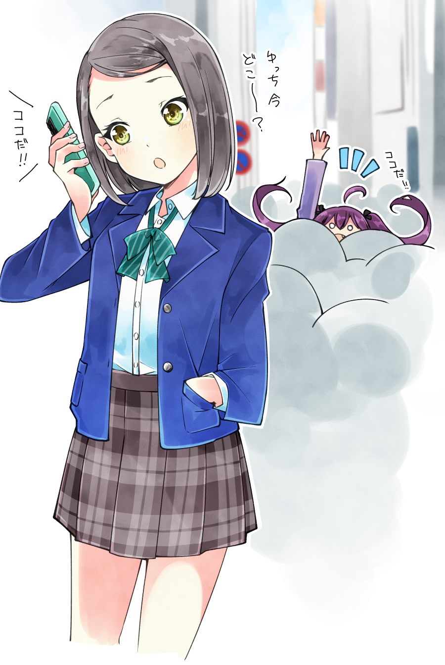 22/7, 2girls, :o, ahoge, arm_up, black_bow, blazer, blue_jacket