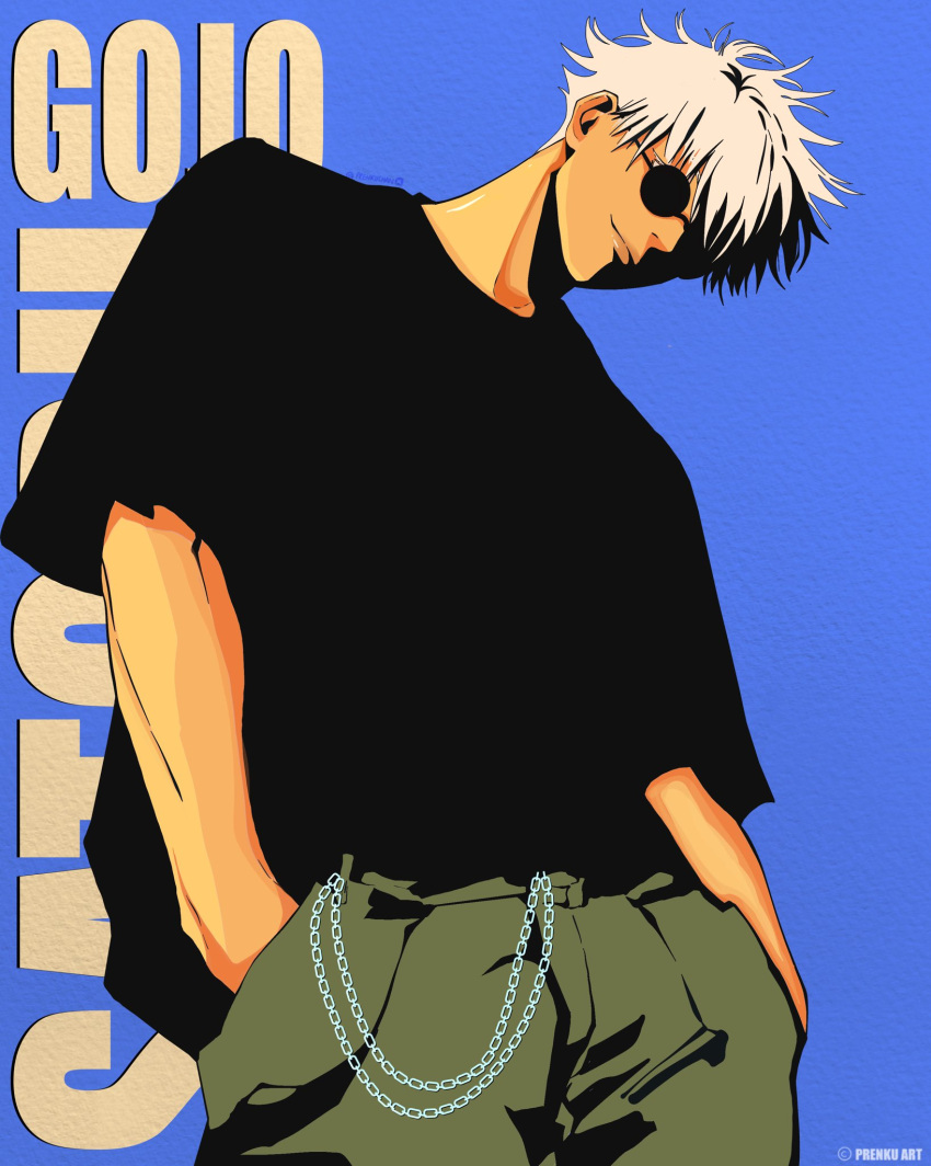 1boy, artist_name, black_shirt, blue_background, chain, character_name, closed_mouth, copyright_notice