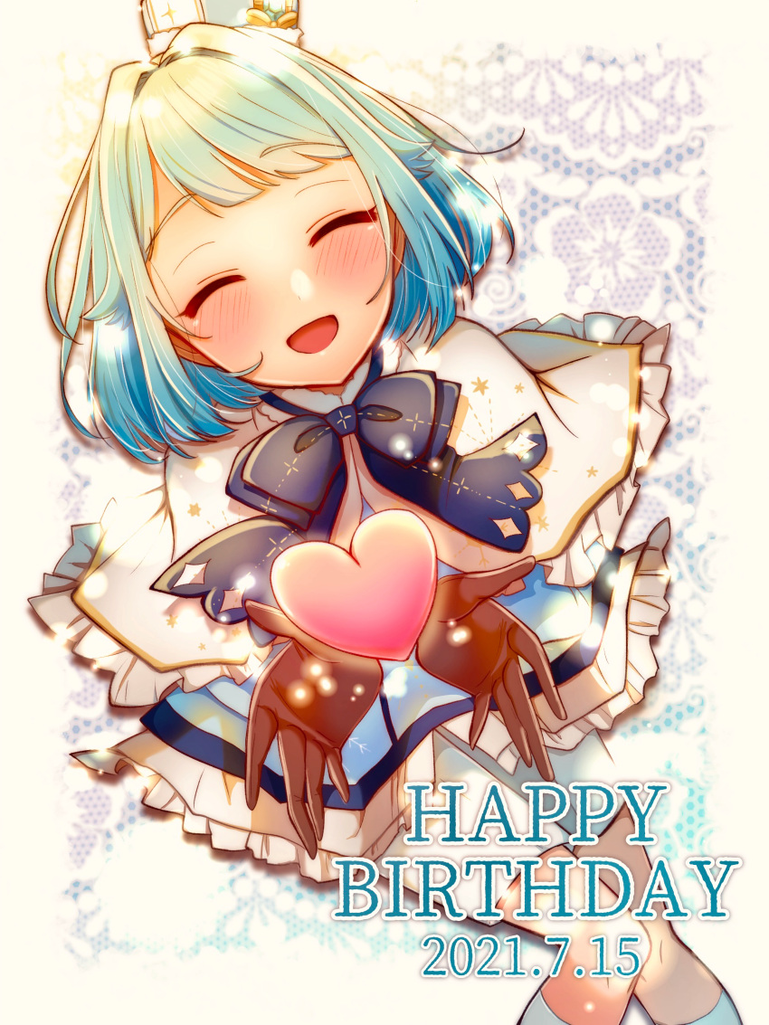 1boy, 2021, ^_^, absurdres, blush, border, closed_eyes, ensemble_stars!, facing_up, facing_viewer, feet_out_of_frame, from_above, happy, happy_birthday, heart, heart_floating_above_hand, highres, invisible_chair, knees_together_feet_apart, lace_background, makaroni_(makaroni_prpr), male_focus, official_alternate_costume, open_mouth, otoko_no_ko, outside_border, pigeon-toed, shino_hajime, shino_hajime_(brancho_brancho), sitting, solo, white_border