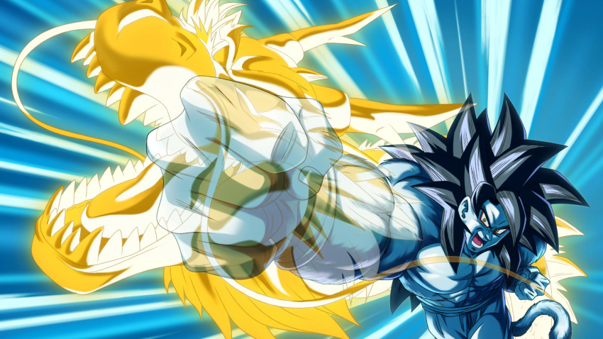 1boy, artist_request, bare_pectorals, blue_fur, check_artist, clenched_hands, dragon, dragon_ball, dragon_ball_gt, dragon_ball_xenoverse, dragon_fist_(dragon_ball), eastern_dragon, eyeliner, fenyon, game_cg, highres, incoming_attack, limited_palette, loading_screen, long_hair, looking_ahead, makeup, male_focus, monkey_boy, monkey_tail, muscular, muscular_male, no_nipples, official_art, official_wallpaper, open_mouth, pectorals, red_eyeliner, shenron_(dragon_ball), solo, son_goku, spiky_hair, super_saiyan, super_saiyan_4, tail, teeth, third-party_source, tongue, v-shaped_eyebrows, wristband, yellow_eyes