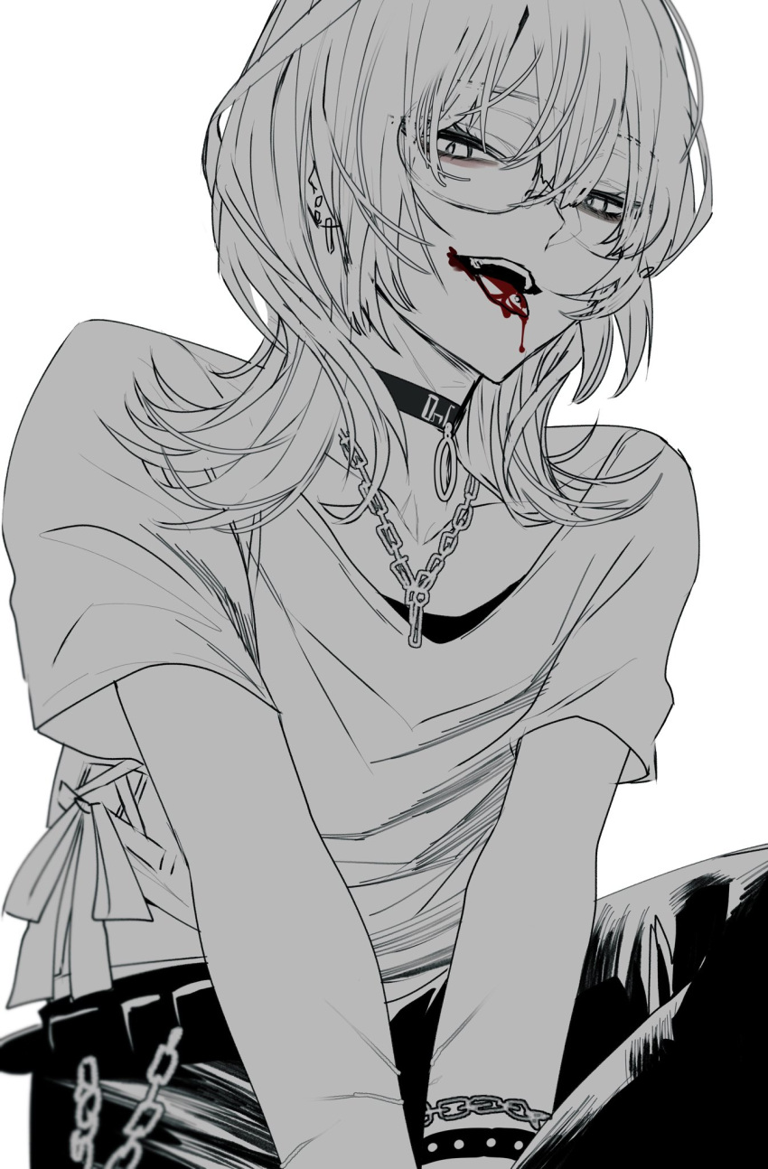 1girl, blood_on_tongue, bracelet, chain, chain_bracelet, chain_necklace, choker, commentary