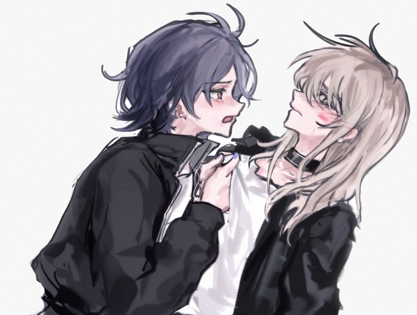2girls, articularm, averting_eyes, black_choker, black_jacket, blue_hair, blue_nails, blush, choker, closed_mouth, commentary, crying, crying_with_eyes_open, ear_blush, earclip, earrings, girls_band_cry, grey_hair, highres, jacket, jewelry, kawaragi_momoka, korean_commentary, long_hair, multiple_girls, nail_polish, nana_(girls_band_cry), open_clothes, open_jacket, open_mouth, shirt, short_hair, sidelocks, simple_background, tears, upper_body, white_background, white_shirt