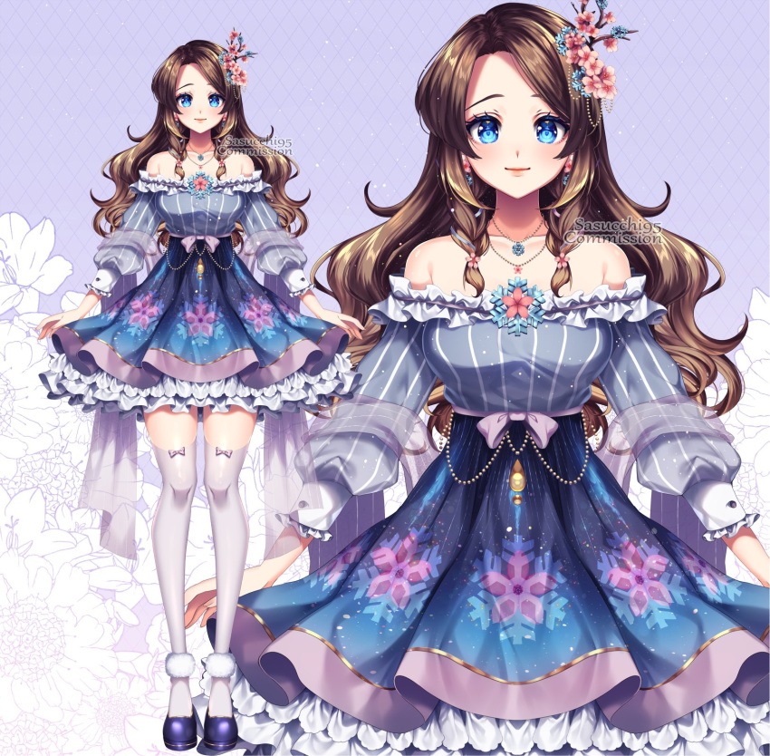 1girl, arms_at_sides, bare_shoulders, blue_eyes, blue_shirt, blue_skirt, bow_legwear, braid