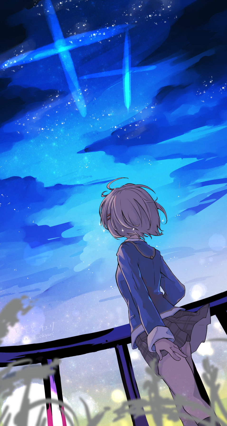 1girl, arm_at_side, blonde_hair, blue_jacket, brown_skirt, canaca_chiyuri, commentary_request, feet_out_of_frame