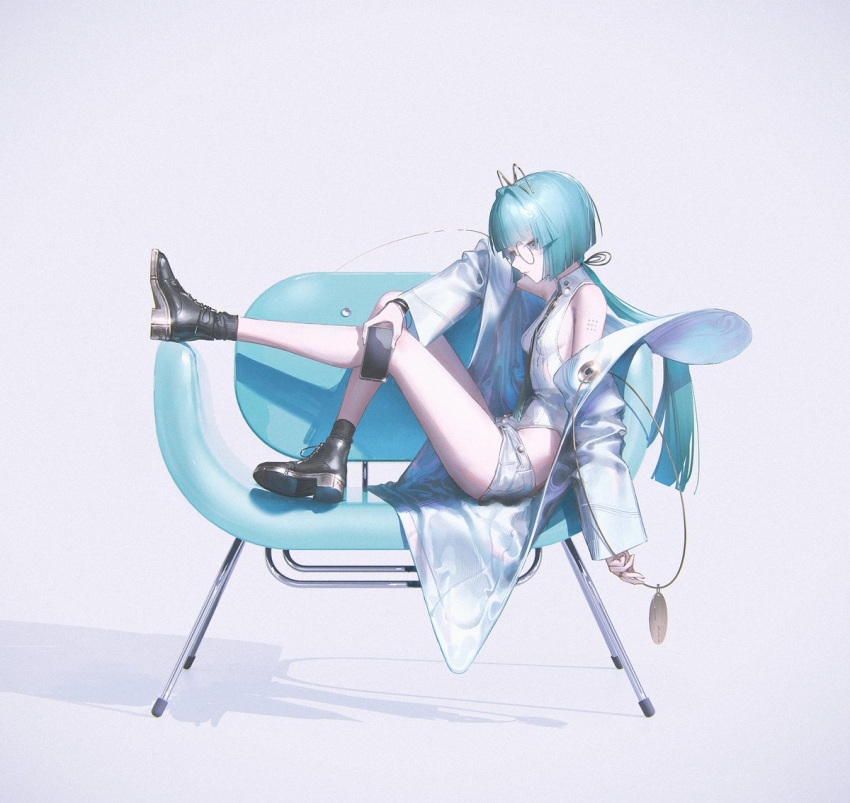 1girl, armchair, bare_shoulders, blue_hair, boots, breasts, cellphone, chair
