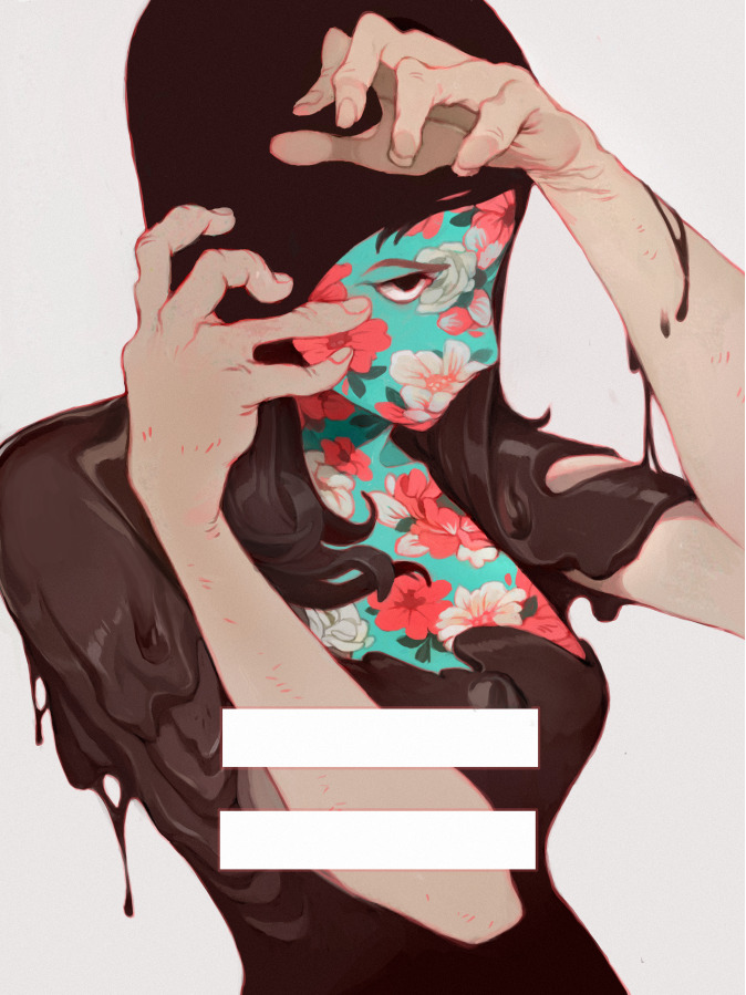 1girl, aqua_skin, arm_up, black_eyes, breasts, brown_dress, brown_hair, close-up, colored_skin, dress, english_commentary, equal_sign, floral_print, grey_background, hair_over_shoulder, half-closed_eyes, hand_up, liquid_hair, long_hair, melting, no_mouth, one-eyed, original, print_skin, sachin_teng, simple_background, small_breasts, solo, surreal, three_quarter_view, upper_body, v-shaped_eyebrows