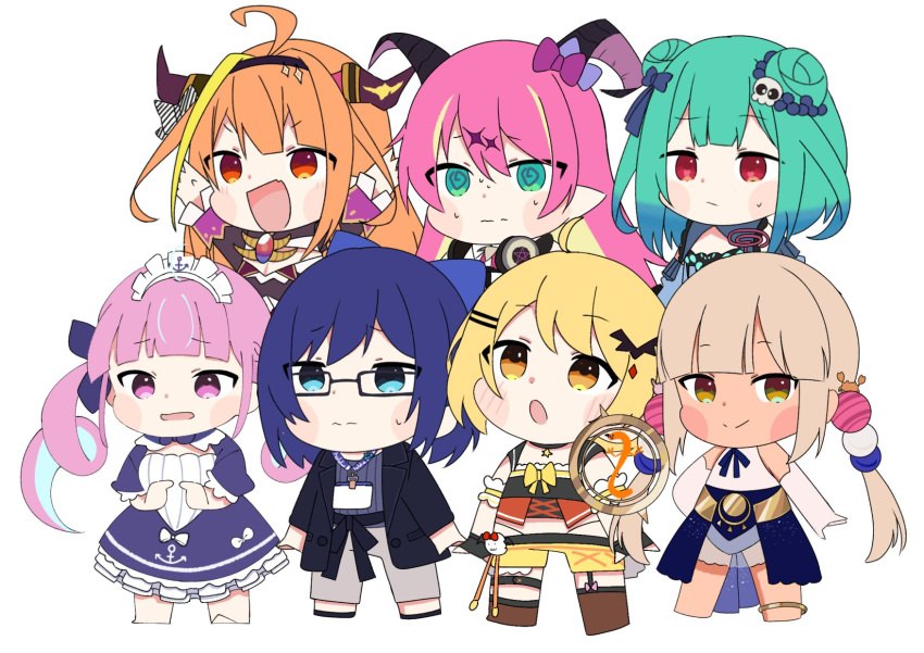 6+girls, :/, :o, @_@, a-chan_(2nd_costume)_(hololive), a-chan_(hololive), ahoge, anchor_print