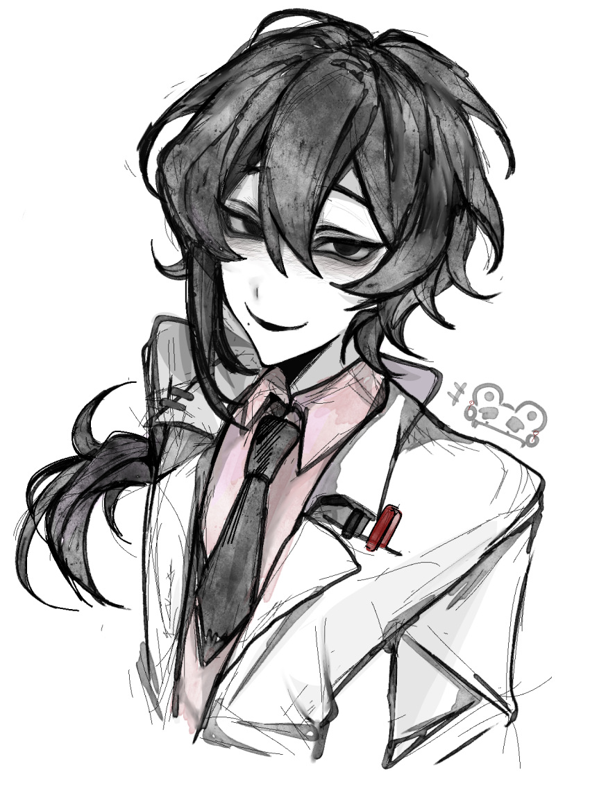 1boy, black_eyes, black_hair, black_necktie, chinese_commentary, collared_shirt, colored_skin, commentary_request, hair_between_eyes, highres, jacket, kaifanle_ma, long_hair, long_sleeves, male_focus, mo_chengwei, mole, mole_under_mouth, necktie, open_clothes, open_jacket, open_mouth, pink_shirt, shirt, simple_background, smile, solo, touqi_guaitan, upper_body, white_background, white_jacket, white_skin