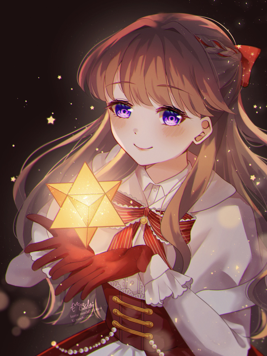 1girl, absurdres, black_background, blurry, bokeh, bow, bowtie, braid, brown_hair, capelet, chromatic_aberration, closed_mouth, collared_shirt, commentary, corset, cupping_hands, depth_of_field, dress, floating, floating_object, frilled_sleeves, frills, fujishima_megumi, fuyu_no_okurimono_(love_live!), gloves, hair_bow, high-waist_skirt, highres, instagram_username, light_blush, light_particles, link!_like!_love_live!, long_hair, long_sleeves, looking_at_viewer, love_live!, mochi_tsu22, open_hands, own_hands_together, red_bow, red_bowtie, red_corset, red_gloves, red_skirt, shirt, sidelocks, signature, single_braid, skirt, smile, solo, star_(symbol), stellated_octahedron, striped_bow, striped_bowtie, striped_clothes, twitter_username, two_side_up, violet_eyes, virtual_youtuber, white_capelet, white_dress, white_shirt