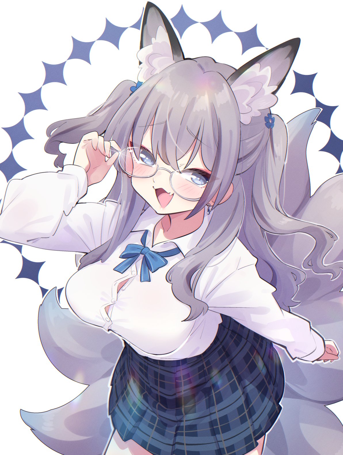 1girl, :3, adjusting_eyewear, animal_ear_fluff, animal_ears, blue_bow, blue_bowtie, blue_eyes