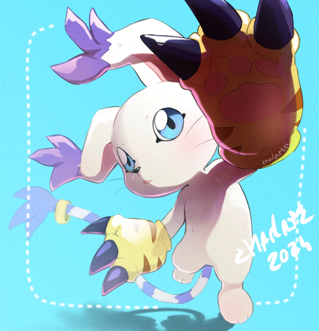 animal_hands, blue_background, blue_eyes, body_fur, cat, chibicheu, digimon, digimon_(creature)