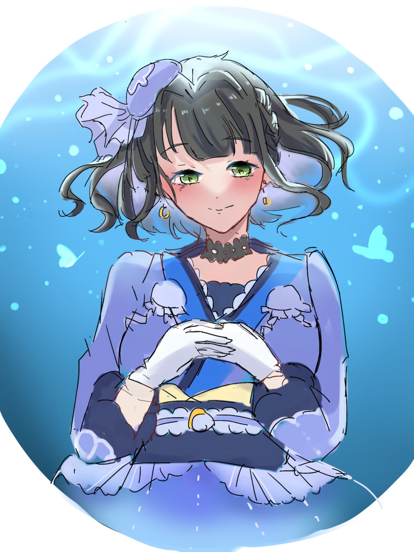 1girl, beret, black_hair, blue_hat, blue_kimono, blunt_bangs, blush, closed_mouth
