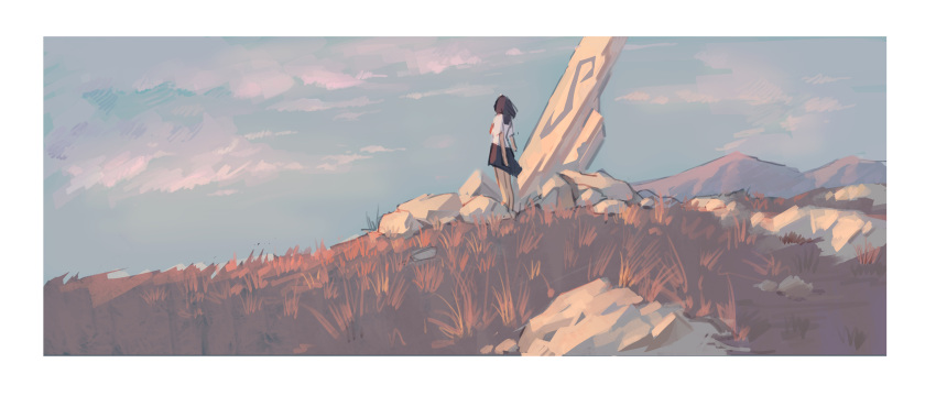1girl, absurdres, blue_sky, border, clouds, dry_grass, evening, facing_ahead