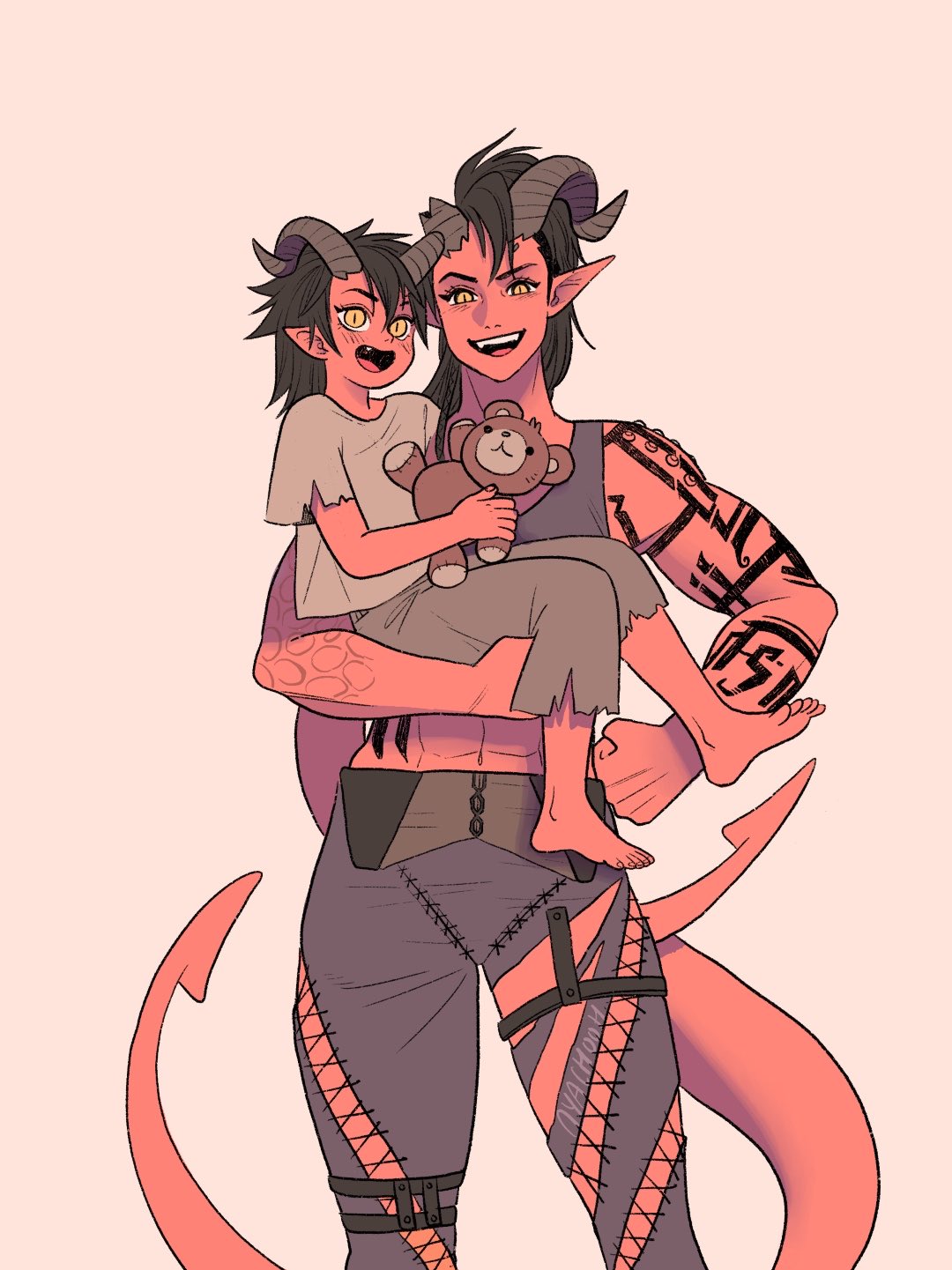 2girls, aged_down, baldur's_gate, baldur's_gate_3, black_hair, broken_horn, colored_skin, demon_girl