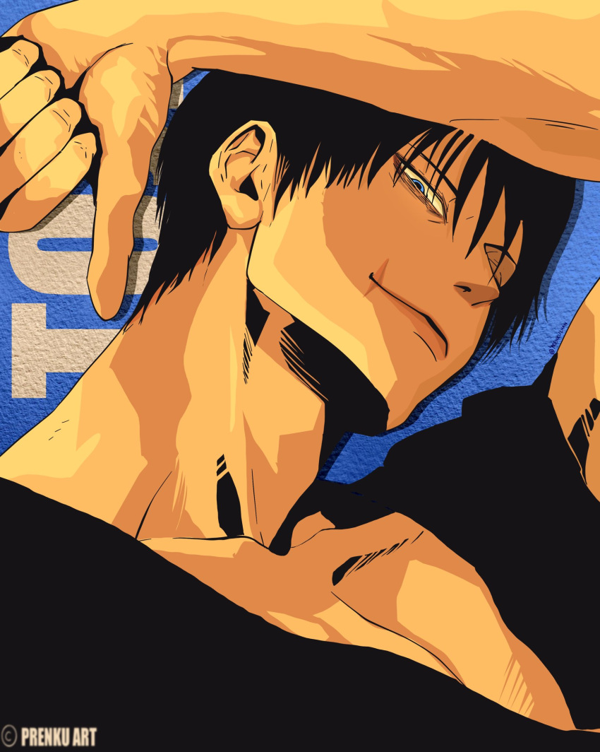 1boy, black_hair, black_shirt, blue_background, blue_eyes, character_name, fushiguro_touji, hair_between_eyes