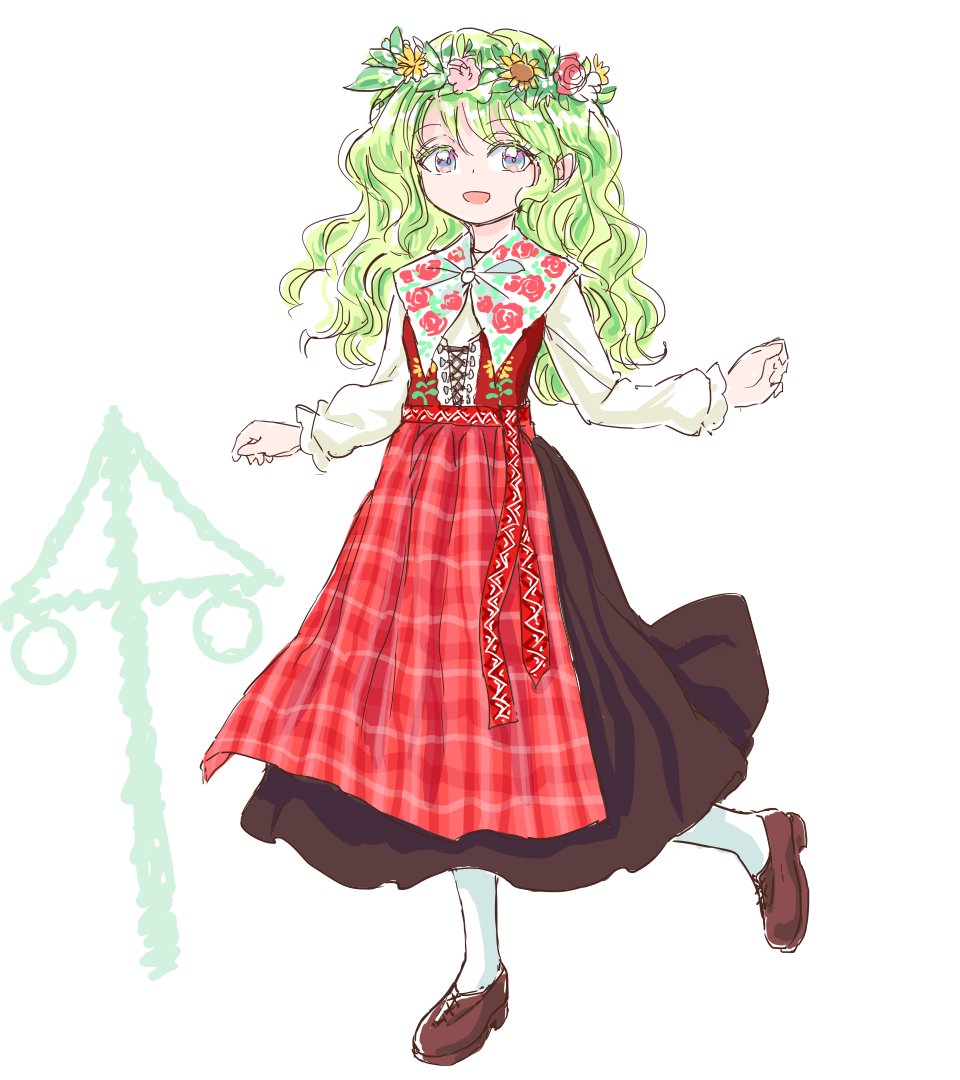 adapted_costume, alternate_eye_color, apron, black_dress, brown_footwear, commentary_request, corset, dress