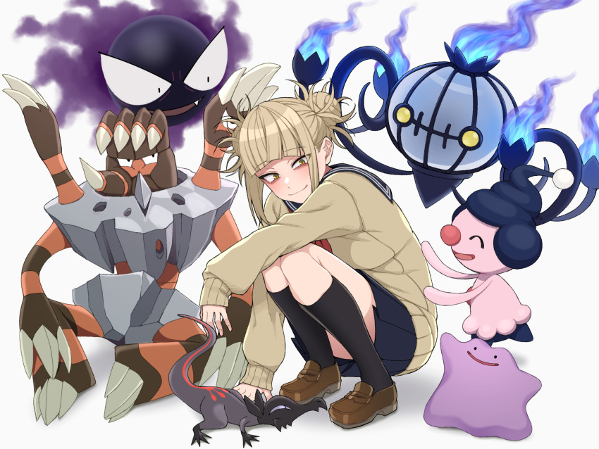 1girl, barbaracle, blonde_hair, boku_no_hero_academia, chandelure, ditto, double_bun, fang