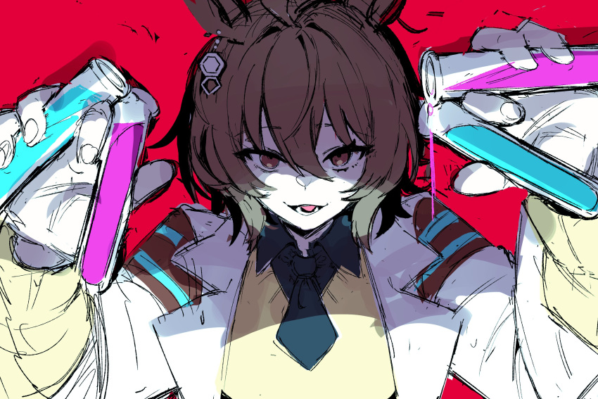 1girl, agnes_tachyon_(umamusume), ahoge, animal_ears, black_necktie, black_shirt, brown_hair, chemical_structure