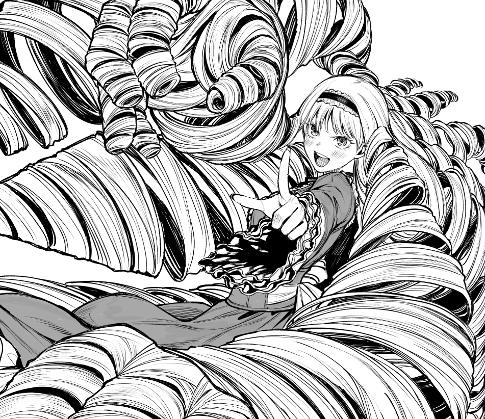 1girl, blush, dress, drill_hair, drill_sidelocks, frilled_hairband, frills, greyscale, hair_weapon, hairband, iro_marimo, long_hair, looking_ahead, monochrome, multiple_drills, open_mouth, original, pointing, pointing_forward, sidelocks, solo, teeth, upper_teeth_only, very_long_hair, wide_sleeves