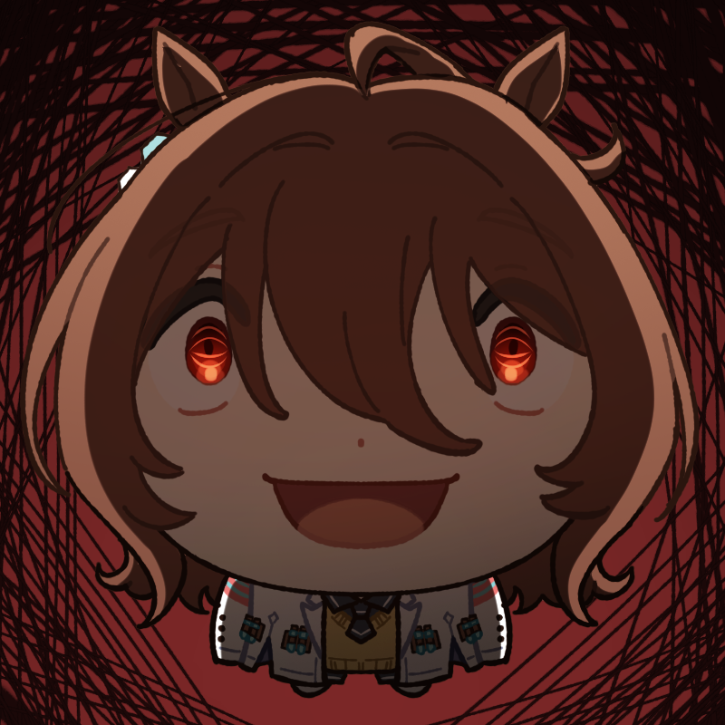 1girl, agnes_tachyon_(umamusume), ahoge, animal_ears, black_shirt, brown_hair, chemical_structure, chibi, collared_shirt, duck_sal, earrings, horse_ears, horse_girl, huge_ahoge, jewelry, lab_coat, medium_hair, meme_request, open_mouth, red_eyes, shirt, sidelocks, single_earring, smile, solo, standing, sweater, test_tube, umamusume, yellow_sweater