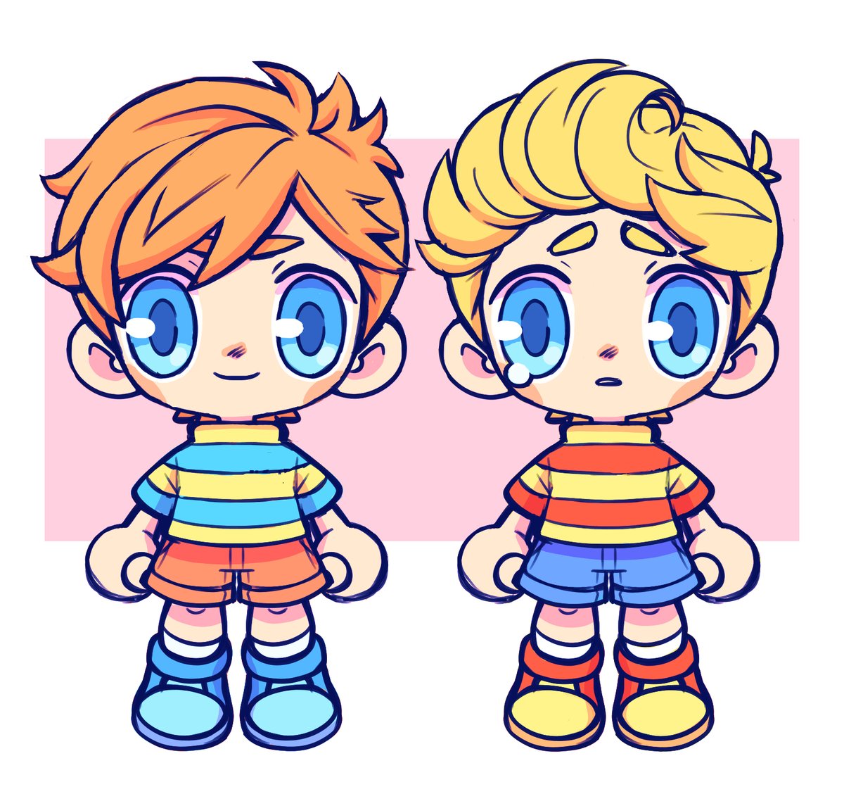 2boys, bazukat_art, blonde_hair, blue_eyes, blue_footwear, blue_shorts, brothers, child