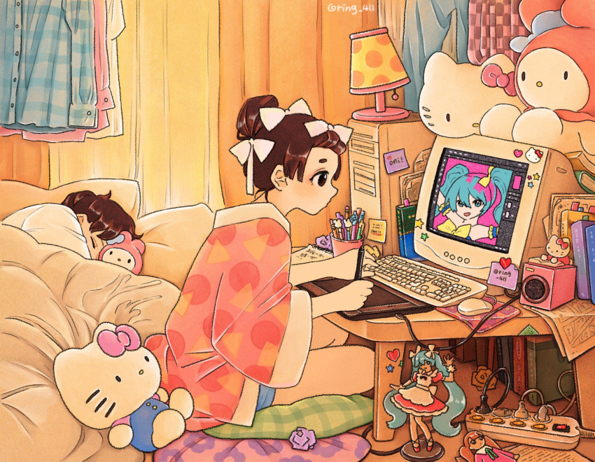 1boy, 1girl, adobe, adobe_photoshop, bow, brown_hair, character_doll, commentary_request