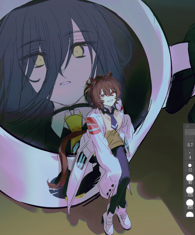 1girl, agnes_tachyon_(umamusume), ahoge, animal_ears, animal_print, black_choker, black_gloves, black_necktie, black_pantyhose, black_shirt, cat_print, choker, coat, coffee, collared_shirt, crossed_legs, cup, duck_sal, expressionless, gloves, hair_between_eyes, hand_on_own_knee, high_heels, holding, holding_cup, horse_ears, horse_girl, horse_tail, huge_ahoge, lab_coat, long_bangs, long_sleeves, looking_at_another, manhattan_cafe_(umamusume), medium_hair, mini_person, minigirl, necktie, no_pants, open_clothes, open_coat, pantyhose, parted_lips, red_eyes, reflection, shirt, short_necktie, sitting, sleeves_past_fingers, sleeves_past_wrists, smile, sweater, tail, umamusume, white_coat, white_footwear, wide_sleeves, yellow_eyes, yellow_necktie, yellow_sweater