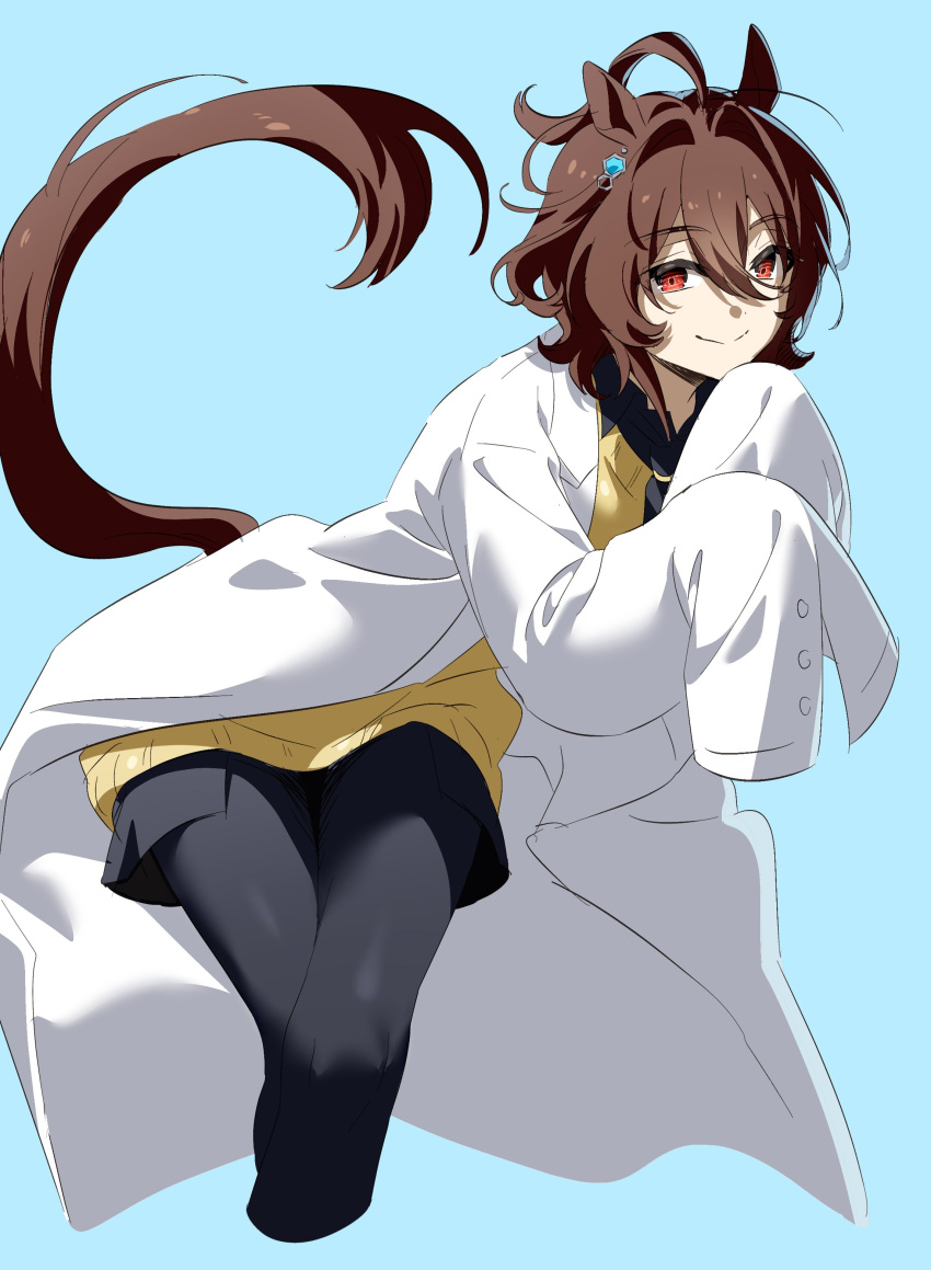1girl, absurdres, agnes_tachyon_(umamusume), ahoge, animal_ears, black_necktie, black_pantyhose, black_shirt