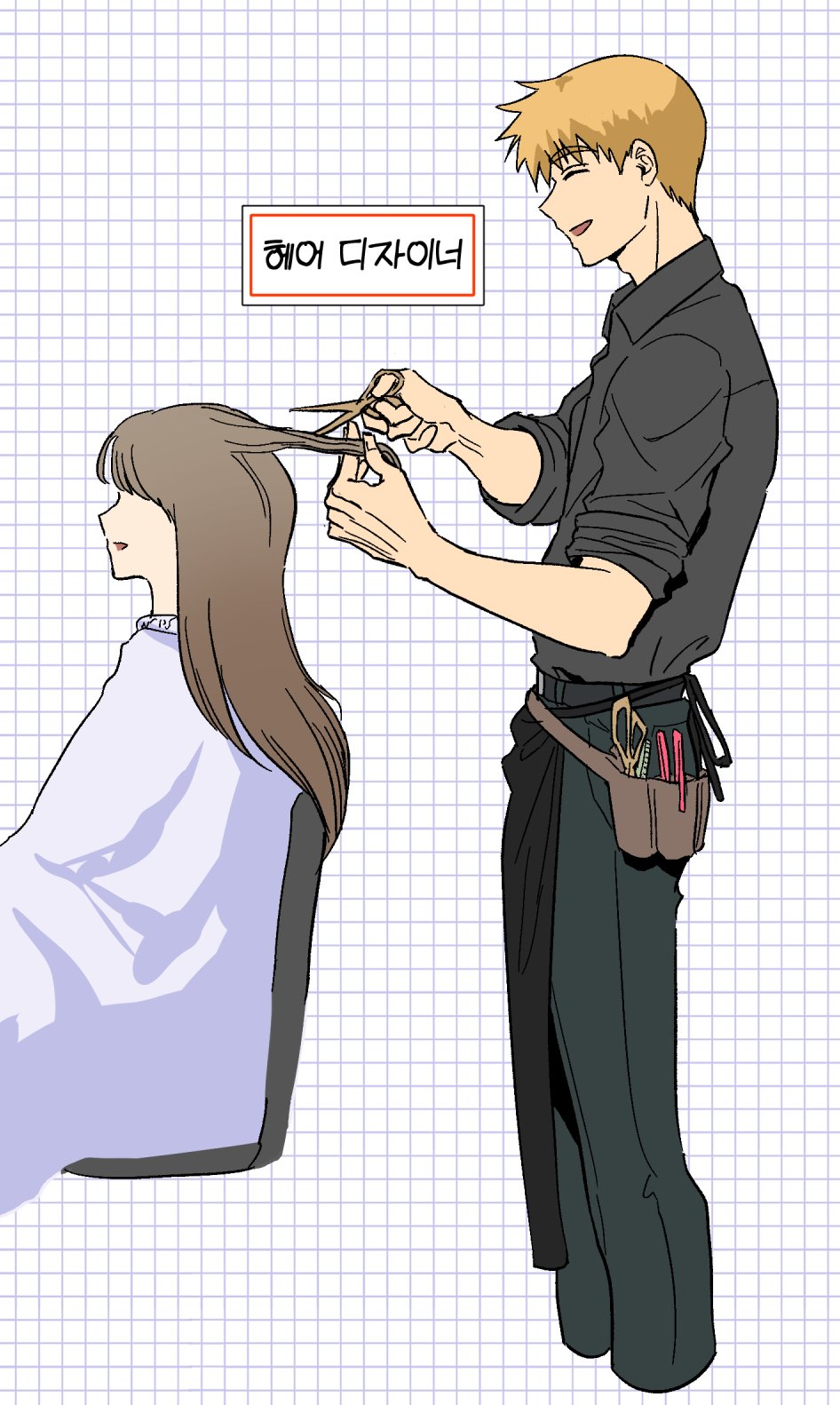 1boy, 1girl, barber_cape, black_pants, black_shirt, blonde_hair, brown_hair, closed_eyes, commentary_request, from_side, grey_background, grid_background, hairdressing, highres, holding_another's_hair, korean_commentary, korean_text, long_hair, mob_psycho_100, open_mouth, pants, reigen_arataka, reigendream, scissors, shirt, short_hair, simple_background, sleeves_rolled_up, smile, standing, translated