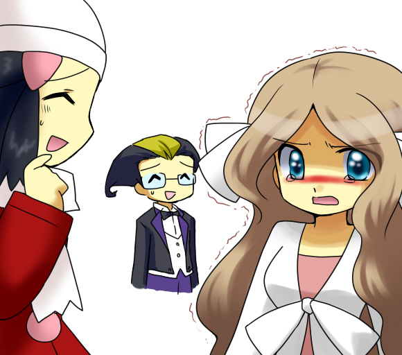 ^_^, alternate_costume, beanie, blue_eyes, blue_hair, blush, brown_hair, cattleya_(pokemon), closed_eyes, commentary_request, eyes_closed, fukumitsu_(kirarirorustar), hat, hikari_(pokemon), hikari_(pokemon)_(remake), kirariroru_star, kokuran_(pokemon), multiple_girls, pokemon, pokemon_(game), pokemon_dppt, sweatdrop, tears, trembling, winter_clothes