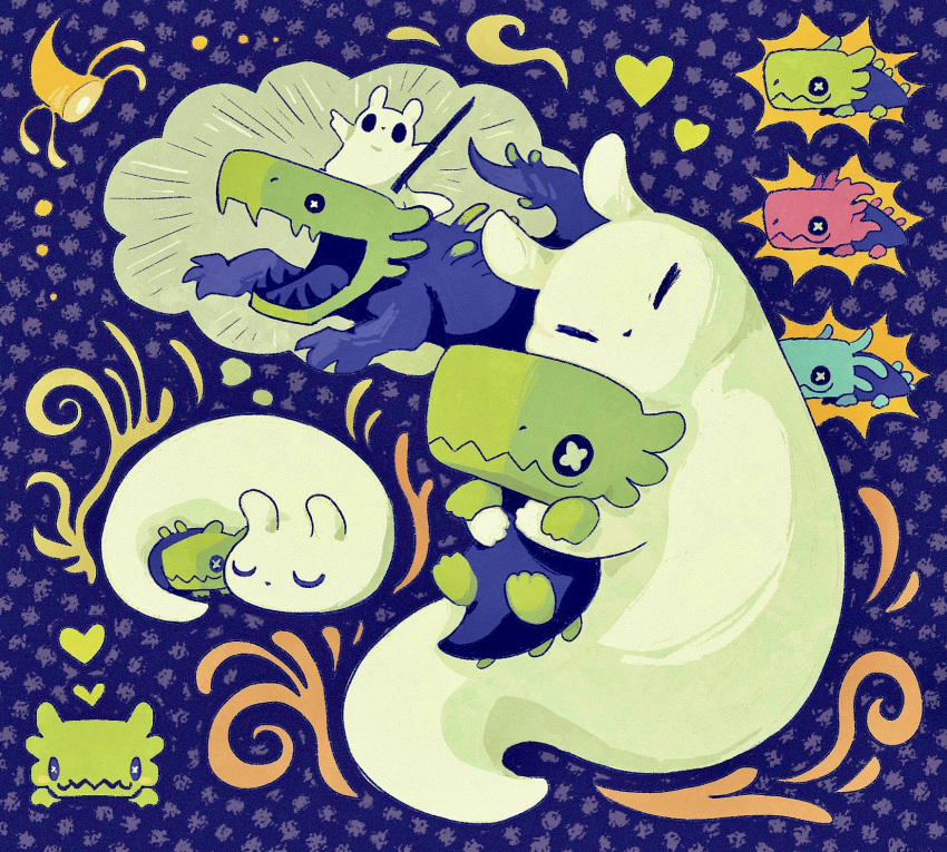 alleesaur, blue_background, blue_lizard_(rain_world), closed_eyes, creature, green_lizard_(rain_world), heart, highres