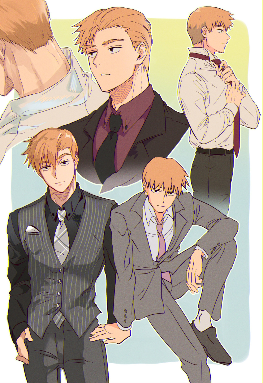 1boy, absurdres, alternate_hairstyle, black_shirt, blonde_hair, closed_mouth, collared_shirt, commentary_request