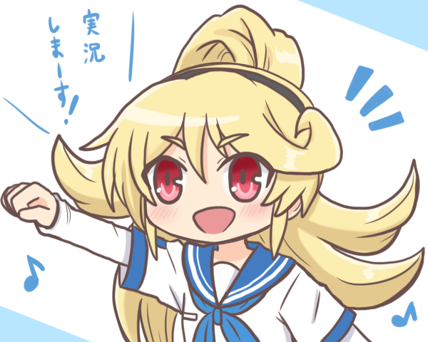 1girl, :d, arm_up, bad_id, bad_twitter_id, black_hairband, blonde_hair, blue_neckerchief