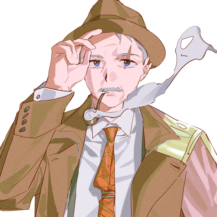 1boy, blue_eyes, brown_hat, brown_jacket, character_request, facial_hair, grey_hair, hand_up, hashi_takaya, hat, highres, jacket, james_moriarty_(archer)_(fate), looking_at_viewer, mustache, necktie, nigirikobushi2, old, old_man, scar, scar_across_eye, shirt, short_hair, smoke, smoking, smoking_pipe, solo, upper_body, voice_actor_connection, white_shirt