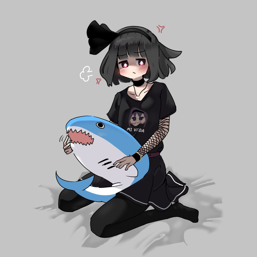 1girl, akemi_homura, alternate_costume, alternate_hair_color, an_tontonio, black_hair, black_hairband, black_pants, black_shirt, black_skirt, blush, bright_pupils, closed_mouth, emo_fashion, fishnet_sleeves, fishnets, full_body, grey_background, hairband, highres, konpaku_youmu, looking_at_viewer, mahou_shoujo_madoka_magica, pants, red_eyes, shark, shirt, short_sleeves, simple_background, sitting, skirt, solo, touhou, wariza, white_pupils