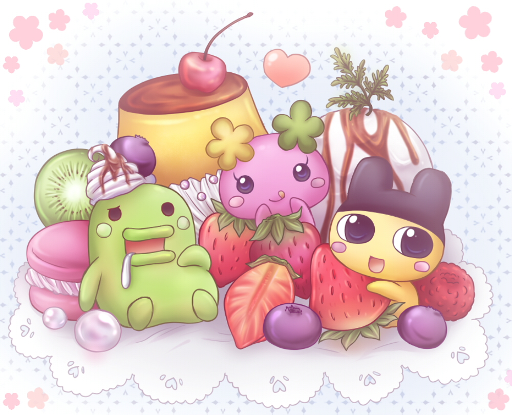 1girl, 2boys, blueberry, blush_stickers, cherry, chibi, chibi_only, commentary_request, dessert, eyelashes, flower, flowertchi, food, fruit, gem, kiwi_(fruit), kiwi_slice, kouta., kuchipatchi, leaf, looking_at_viewer, macaron, mametchi, mini_person, miniboy, minigirl, multiple_boys, oversized_food, oversized_object, parfait, pearl_(gemstone), pudding, sitting, smile, solid_circle_eyes, strawberry, strawberry_slice, tamagotchi, tamagotchi_connection