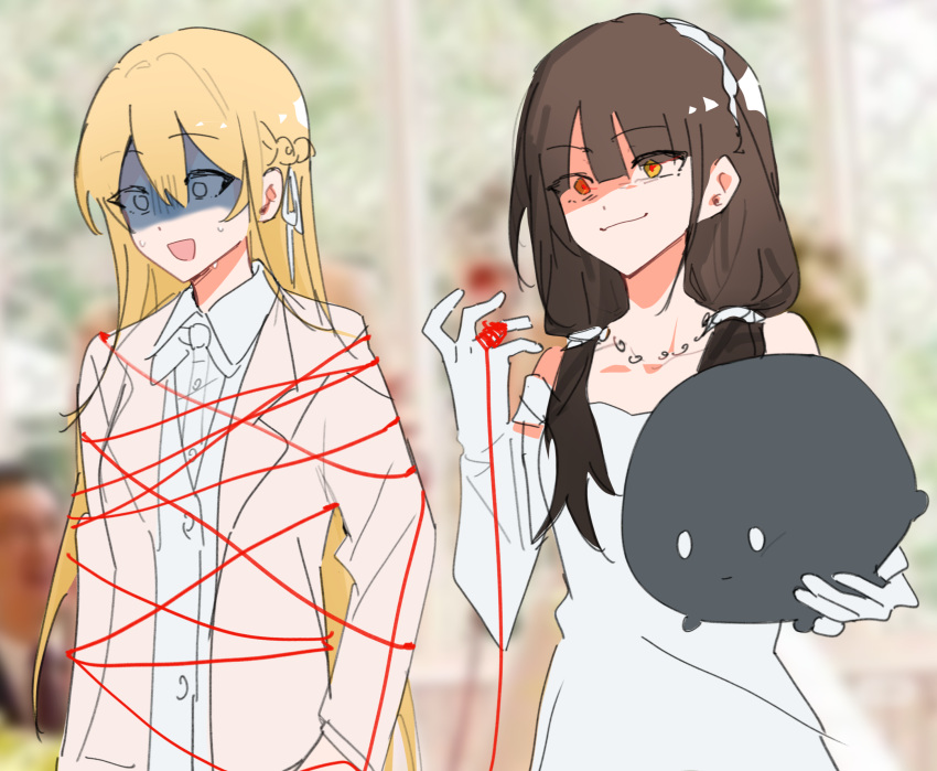 2girls, absurdres, asakura_karen_(heaven_burns_red), black_hair, blazer, blonde_hair, braid, bride