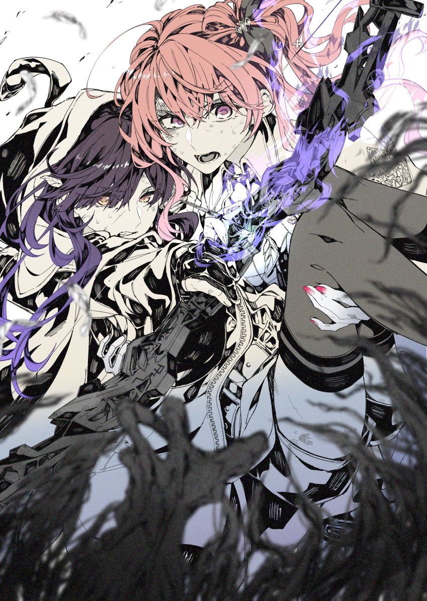 2girls, absurdres, ayutarochan, black_hair, carrying, flamingo_(towa_tsugai), fukurou_(towa_tsugai), hair_over_one_eye