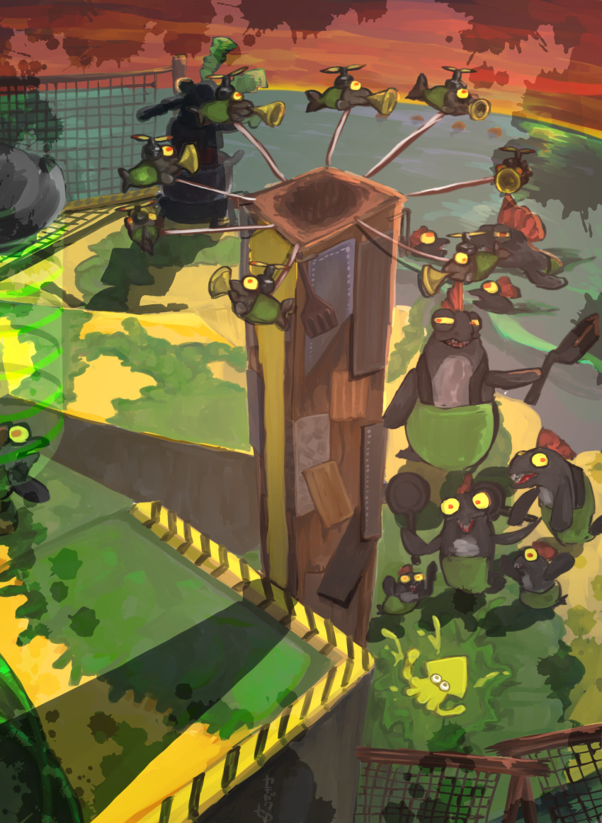 animal, black_eyes, bulging_eyes, chum_(splatoon), clothed_animal, cohock_(splatoon), colored_sclera, commentary_request