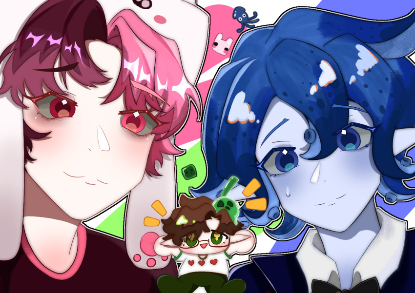3boys, :3, androgynous, animal_hat, animification, bishounen, blue_eyes, blue_skin