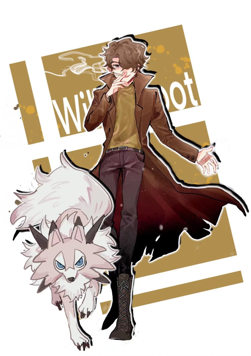 1boy, animal, animification, boots, brown_eyes, brown_hair, character_name, coat